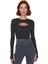Kadın Crop Bisiklet Yaka Fitted Kalıp Örme Koyu Pencere Cut Out ve Baş Parmak Delik Spor Üst Bluz 2