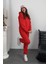 Kadın 3 Iplik Şardonlu Kapşonlu Sweatshirt Paçası Lastikli Kırmızı Eşofman Takımı 1