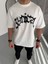 Unisex Bisiklet Yaka Baskılı Oversize T-Shirt - Beyaz 1