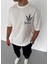 Unisex Bisiklet Yaka Baskılı Oversize T-Shirt - Beyaz 1