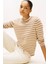Kadın Yün Çizgili Bisiklet Yaka Kazak - Bej/beyaz 4