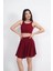 Sendy Kumaş Bisiklet Yaka Crop Şortlu Etek Ikili Takım - Bordo 4