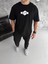 Unisex Bisiklet Yaka Baskılı Double Oversize T-Shirt - Siyah 2