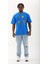 Unisex Oversize Baskılı Bisiklet Yaka T-Shirt - Mavi 4