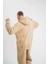 Unisex Double Oversize Kapşonlu Basic Sweatshirt - Bej 4