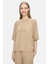 Jayla Koyu Bej Bisiklet Yaka Gofre Baskı Loose Fit Kadın Tshirt 1