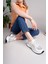 Kadın Bağcıklı Pullu Triko Poli Taban Spor Sneaker Ayakkabı-Beyaz 1