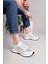 Kadın Bağcıklı Pullu Triko Poli Taban Spor Sneaker Ayakkabı-Beyaz 2