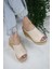 Kadın Dolgulu Mantar Taban Şerit Sargılı 10 cm Topuklu Terlik Bej 1