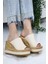 Kadın Dolgulu Mantar Taban Şerit Sargılı 10 cm Topuklu Terlik Bej 2