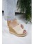 Kadın Dolgulu Mantar Taban Şerit Sargılı 10 cm Topuklu Terlik Bej 3