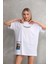 Unisex Bisiklet Yaka Baskılı Oversize T-Shirt - Beyaz 1