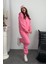 Kadın 3 Iplik Şardonlu Kapşonlu Sweatshirt Paçası Lastikli Pembe Eşofman Takımı 1