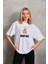Unisex Bisiklet Yaka Baskılı Oversize T-Shirt - Beyaz 1
