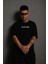 Erkek Bisiklet Yakalı Sırt Baskılı Oversize T-Shirt - Siyah 2