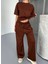 Osy Modal Yumuşak Dokulu Kumaş Kısa Kollu Bluz Rahat Pantalon Ikili Takım- Kahverengi 5