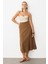 Keten Görünümlü Uzun Kloş Etek-Kahve 1