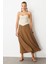 Keten Görünümlü Uzun Kloş Etek-Kahve 2