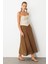 Keten Görünümlü Uzun Kloş Etek-Kahve 3