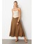 Keten Görünümlü Uzun Kloş Etek-Kahve 4
