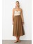 Keten Görünümlü Uzun Kloş Etek-Kahve 5