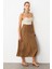 Keten Görünümlü Uzun Kloş Etek-Kahve 6