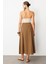 Keten Görünümlü Uzun Kloş Etek-Kahve 7