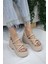 Kadın Paris Kalın Taban 9 cm Ortopedik Sandalet Bej 4