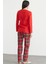 Düz Kombinli Ekose Pamuk Pijama Takım - Kırmızı 5