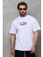 Unisex Bisiklet Yaka Baskılı Oversize T-Shirt - Beyaz 2