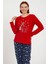 Kadın Kırmızı Uzun Kol Geyik Desenli Polar Pijama Takımı 3