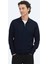 Lacivert Polo Yaka Jakarlı Yün Karışımlı Triko Kazak 1