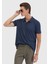 Lacivert Düz Polo Yaka %100 Keten T-Shirt 2