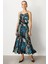 Beli Lastikli Kendinden Desenli Uzun Etek-Petrol 3