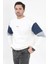 Erkek Bisiklet Yaka Sweatshirt Beyaz 3 Iplik Kolu Garnili Oversize Pamuk Karışım - 5298 5