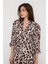 Krem - Acı Kahve Yaka Detaylı Leopar Desenli Elbise 3