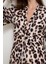 Krem - Acı Kahve Yaka Detaylı Leopar Desenli Elbise 4
