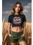 Cute Little Monsters Baskılı Siyah Crop Top 1