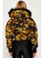 Kadın Regular Fit Barok Desenli Kürklü Kapüşonlu Crop Şişme Mont - Siyah/altın Sarısı 4