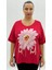 Büyük Beden Çiçek Baskılı Inci Detaylı Oversize Kısa Kol Kadın Tişört 1