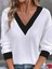 Kadın V Yaka Kontrast Biye Detaylı Bluz | Beyaz Uzun Kol Fitilli Pamuklu Salaş Kesim Sweatshirt 2