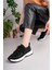Kadın Bağcıklı Pullu Triko Poli Taban Spor Sneaker Ayakkabı-Siyah 2