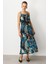 Beli Lastikli Kendinden Desenli Uzun Etek-Petrol 2