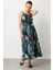 Beli Lastikli Kendinden Desenli Uzun Etek-Petrol 6