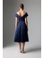 Drape Detaylı Kayık Yaka Midi Boy Tafta Elbise Lacivert K2611507_015 2
