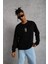 Unisex Bisiklet Yaka Baskılı Oversize Sweatshirt - Siyah 2