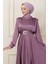 Koyu Lila Omuz Vatkalı Mevlana Saten Tesettür Abiye 3