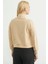 Dik Yaka Kanguru Cepli Crop Sweatshirt - Bej 5