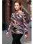 Kadın Büyük Beden Kayık Yaka Tül Örme Bluz Hayvan Desenli Uzun Kol Kaliteli Şık Rahat Modern 4