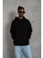 Erkek Düz Kapüşonlu Sweat - Siyah 1